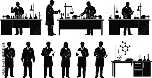 Scientist silhouette set, laboratory research icons, chemistry experiment symbols, medical professional working, pharmacy science equipment, biotech investigation, and clinical study illustration