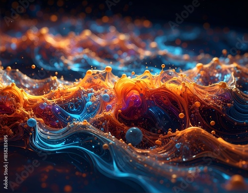 Abstract flowing wave-like shapes in vibrant orange and blue hues