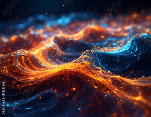 Abstract flowing waves of bioluminescent orange and blue light in a dreamy space