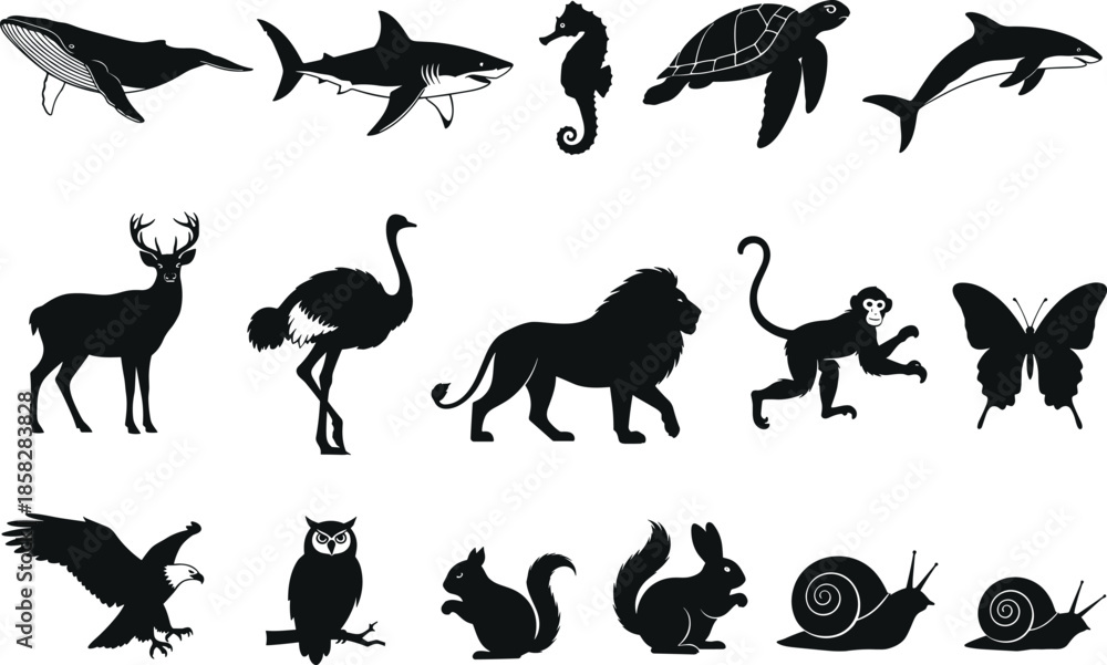 Obraz premium Black silhouettes of various wild animals