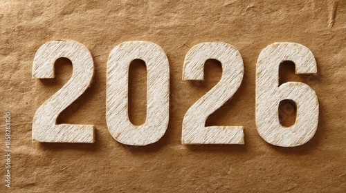 The number 2026 displayed in a sleek contemporary typeface on a textured brown cardboard or paper background.