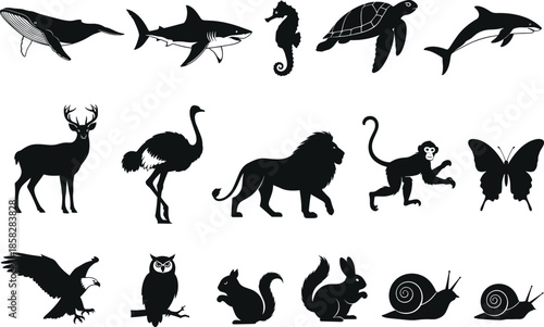 Foto Black silhouettes of various wild animals