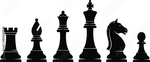 The image is a minimalist illustration featuring a row of chess pieces silhouetted against a stark white background.