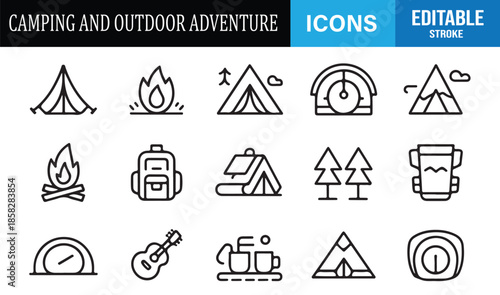 Camping lifestyle and hiking line icons