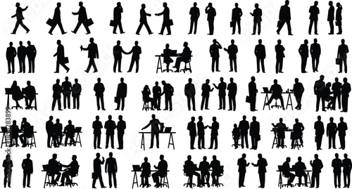 Business professionals in various office settings and actions