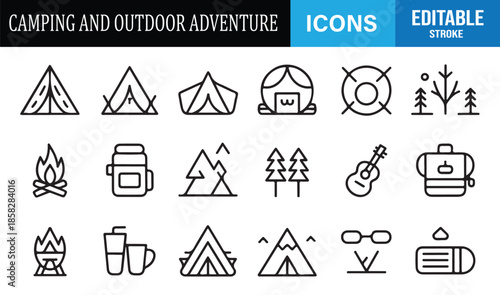 Hiking and camping equipment line icons