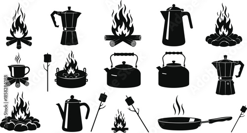 Camping cooking icons with campfires and utensils