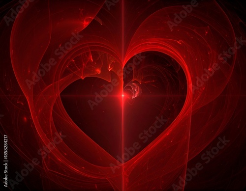 Abstract, fractal illustration of a glowing red heart shape emanating from a central point