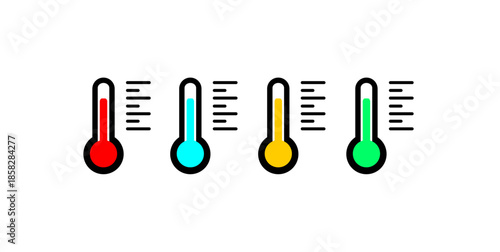 Four thermometers showing different temperatures and colors.