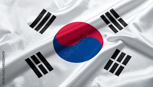 South Korean national flag (Taegeukgi) with red-blue Taegeuk and four black trigrams on white background
