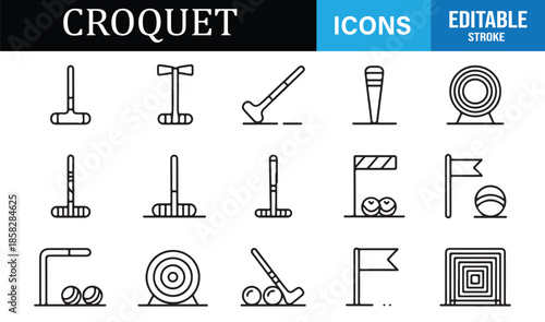 Croquet competition and lawn sport line icons