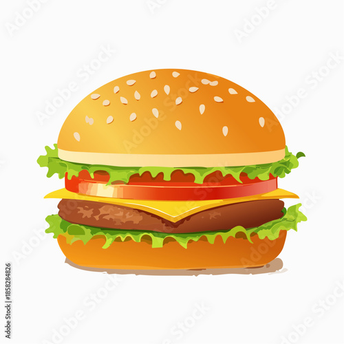 A delicious cheeseburger with lettuce, tomato, and cheese on a sesame seed bun