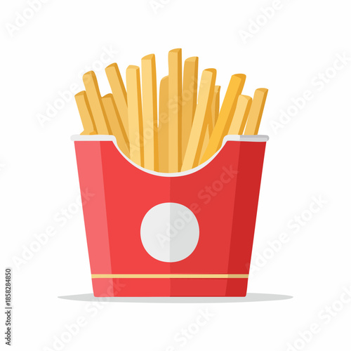 A red cardboard box filled with golden French fries on a white background