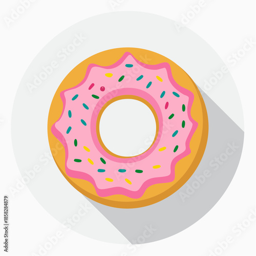 A colorful illustration of a pink frosted donut with sprinkles on a white background