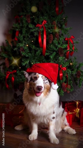 Cute Australian Shepherd dog in a Santa red cap sits under a beautiful Christmas tree with New Year gifts. Vertical footage banner