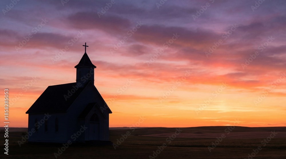 Fototapeta premium Silhouette of a small church with a cross against a colorful sunset sky, symbolizing faith, hope, spirituality, and peaceful reflection.