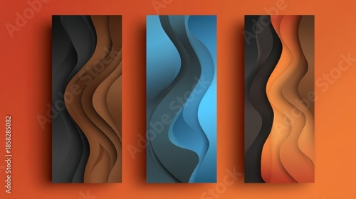 Three horizontal panels with abstract wave patterns in black, brownish black, blue, gray, silver, light brown,