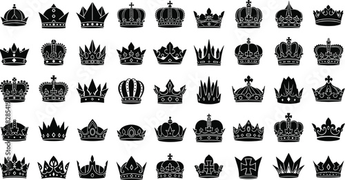 Collection of ornate royal crowns in black and white