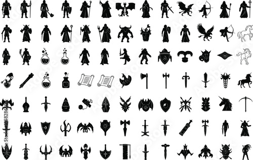 Fantasy icons set including warriors, magic, mythical creatures, weapons