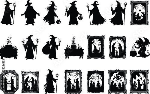 Magical Halloween silhouettes of witches, dragons and potion cauldrons