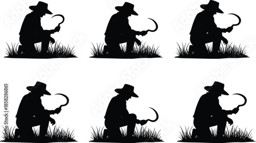 Man in hat working in field with scythe