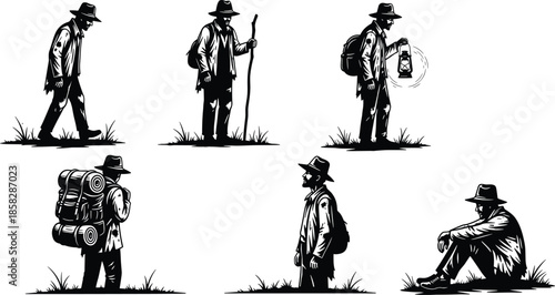 Man in various poses with backpack and hat in black and white