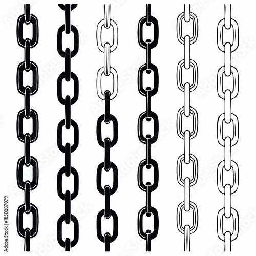Monochrome set different type of metal chains in silhouette style.