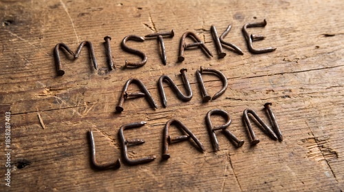 Mistake and learning message spelled with rustic nails on weathered wood surface emphasizing growth through error recognition and educational experience improvement