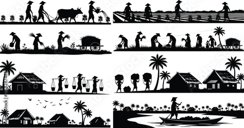 Rural village life in black silhouette with farmers at work