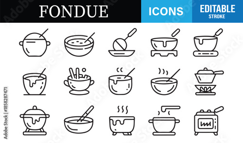 Kitchen cookware and fondue line icons