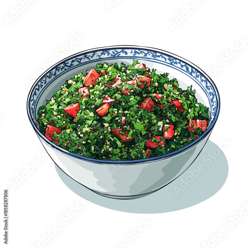 Tabbouleh Salad, 2D flat vector illustration in icon style, isolated on a white background