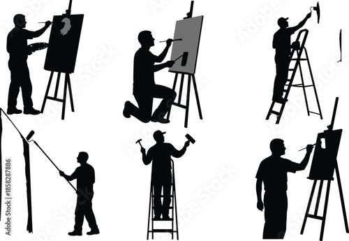 Silhouettes of artists painting and working on canvases