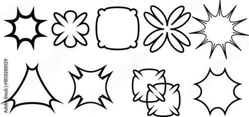 Set of black geometric starburst silhouettes and abstract sharp pointed edge frames isolated on white background