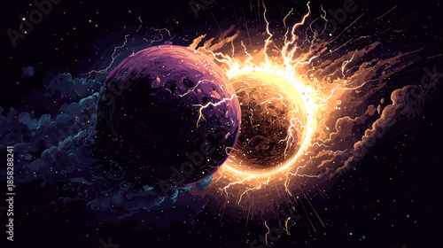 Two planets collide in space and an explosion occurs, vector game illustration