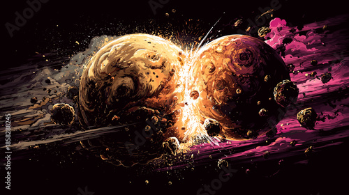 Two planets collide in space and an explosion occurs, vector game illustration