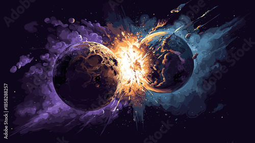 Two planets collide in space and an explosion occurs, vector game illustration