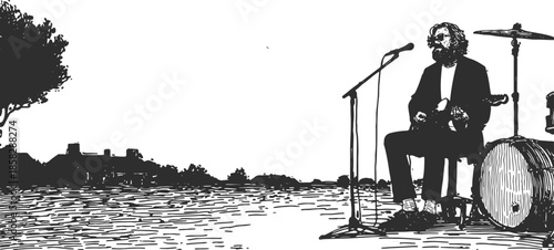 Silhouette of a musician playing guitar on stage. Simple vector illustration for artistic representation.