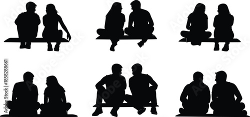 Silhouettes of people sitting in various poses on benches