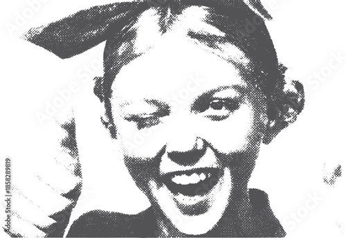 Happy girl expression with a wink and smile. High-contrast black and white vector illustration, simple and modern art set.