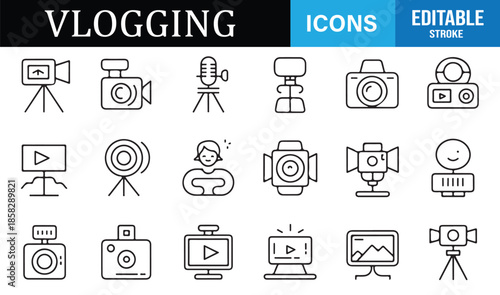 Digital vlogging and recording line icons