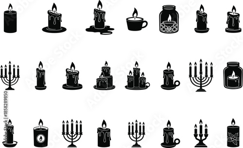 Various candle and menorah illustrations in black