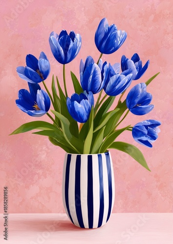 Vase with blue tulips on a pink background near a wooden table in a bright room during the day, wall art Poster in painting style