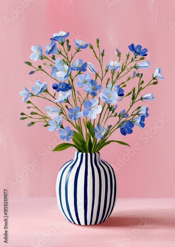 Blue flowers arranged in a striped vase on a pink background during daylight hours, wall art Poster in painting style