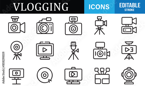 Camera and microphone vlogging line icon set
