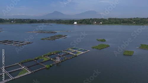 A Small Boat Navigating Through Water Hyacinth in Cengklik Lake, Aerial Waduk Cengklik 