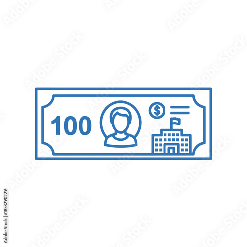 Minimalist Line Drawing of Currency Bill with Portrait and Building Illustration