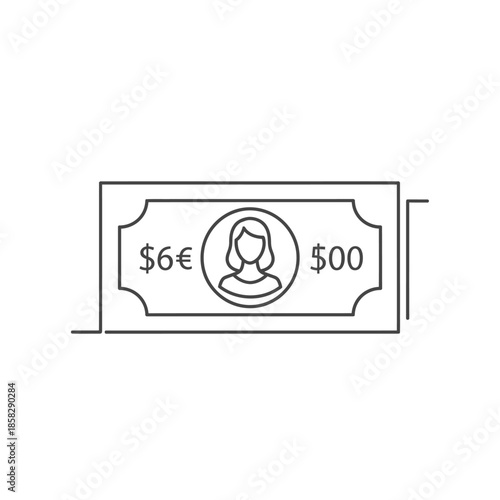 Minimalist Line Drawing of Currency Note with Portrait and Numeric Denominations