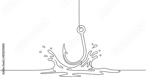 Fishing Hook Splashing into Water Line Art Illustration