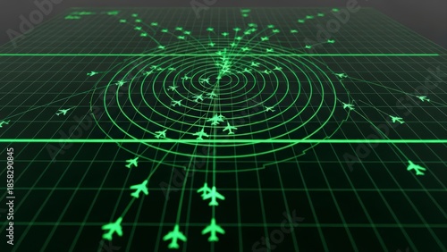 Air Traffic Control Radar Display with Multiple Aircraft and Flight Paths.