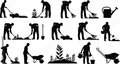 Various people gardening and landscaping activities